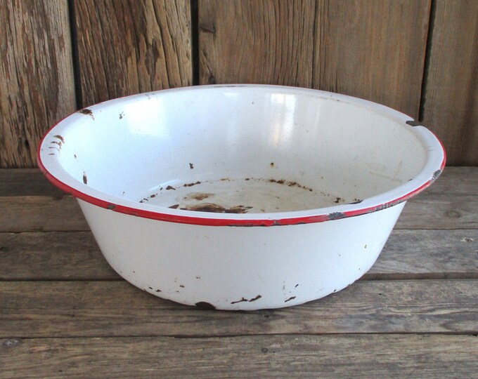 Vintage Enamelware Dish Pan White W/ Red Trim Distressed Bowl Wash