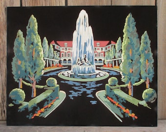 Vintage Paint by Number Painting on Black Velvet Mansion Fountain Trees Mid Century PBN
