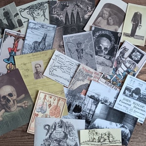 May include: A collection of vintage ephemera, including illustrations, text, and images. The ephemera is arranged on a wooden surface. The ephemera includes images of skulls, butterflies, and a funeral director's business card. The text includes the words "DEATH" and "JOHN HISLOP, Funeral Director".