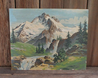 Vintage Paint by Number Painting "Snow Waters, Mountain Scenes, Rocky Grandeur" Craft Master Mid Century PBN Unframed Forest Landscape