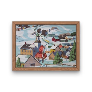 Giclee Art PRINT Vintage Paint By Number FINISHED &quot;Snow Covered Village&quot; 31H Textured Archival Canvas Paper Winter Christmas Unframed