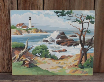 Vintage Paint by Number Painting "Lighthouse Point" Craft Master 1958 Mid Century PBN Unframed Nautical Ocean Seascape