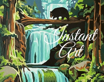 Printable Vintage Paint By Number &quot;Woodland Beauty&quot; 30HH Instant Art Download Finished Print Your Own Bear Woods Waterfall Outdoors