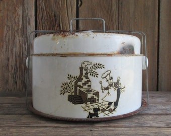 Vintage Distressed Metal Cake Carrier Rusty Cream Chef & Scotty Dog Graphic Primitive Wire Bail Handle Kitchen Decor