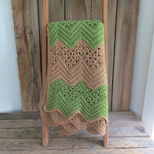 Earthy Green Brown Chevron Vintage Crocheted Afghan Throw Striped Crochet Blanket Cottagecore Farmhouse