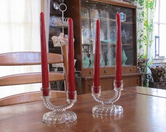 Pair of Clear Glass Double Candlestick Candle Holders Vintage Set of 2 Asymmetrical
