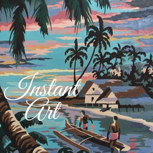May include: A painting of a tropical scene with two people in a canoe. The scene includes palm trees, a hut, and a sunset sky. The text "Instant Art" is written in cursive on the left side of the image.