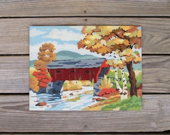 Vintage Paint by Number Painting "Covered Bridge" Craft Master 1958 PBN Unframed Fall Landscape Country