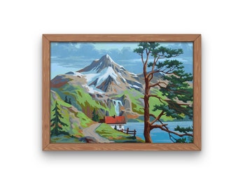 Giclee Art PRINT Vintage Paint By Number FINISHED "Sentinel- Mountain Scenes" 4B Textured Archival Canvas Paper Unframed