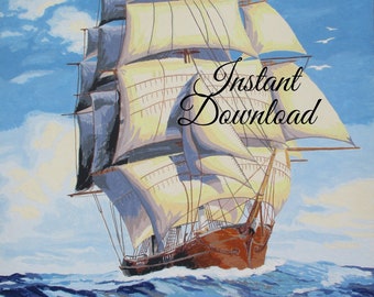 May include: A painting of a large sailing ship with white sails against a blue sky and ocean. The ship is sailing towards the viewer with its sails billowing in the wind. The ocean is a deep blue color and the sky is a light blue color. The painting is done in a realistic style.