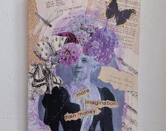 Original Collage Art on Canvas Woman Portrait Vintage Book Pages Handmade Analog