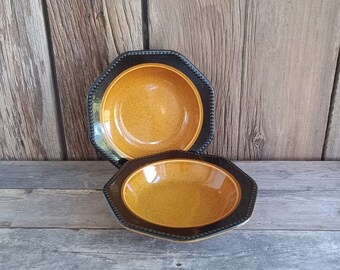 Two Vintage 70s Sears Ironstone Octagon Amber Cereal Bowls USA Replacement China