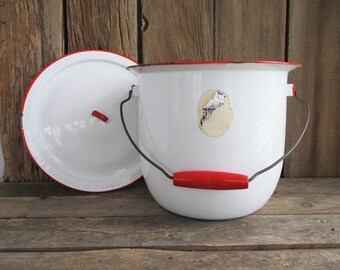 White Enamelware Red Trim Chamber Pot w/ Lid Wood Handle Chippy Primitive