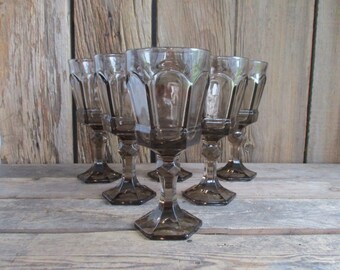 Set of 6 Fostoria Virginia Smokey Brown Vintage Wine Glasses Water Goblets Glassware Pressed Glass Barware