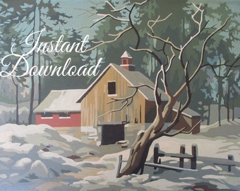 Instant Download Vintage Paint By Number "After The Snow Winter Splendor" 40J2  Finished Printable Print Your Own Barn Trees Country