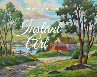 May include: A painting of a rural landscape with a red house, a bridge, and trees. The text "Print Your Own Instant Art" is at the top of the image.