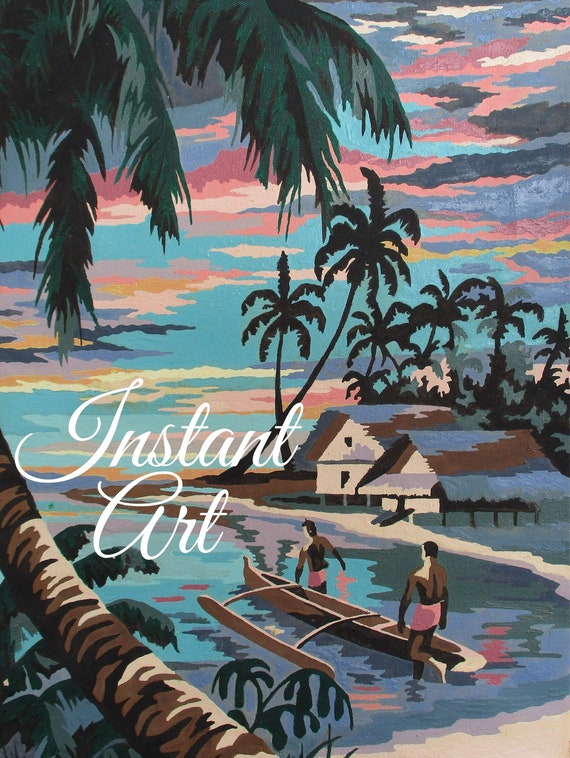 Printable Vintage Paint By Number "Tropical Sunset" 12E2 Instant Art Download Finished Print Your Own Palm Trees Hut Beach Men Boat