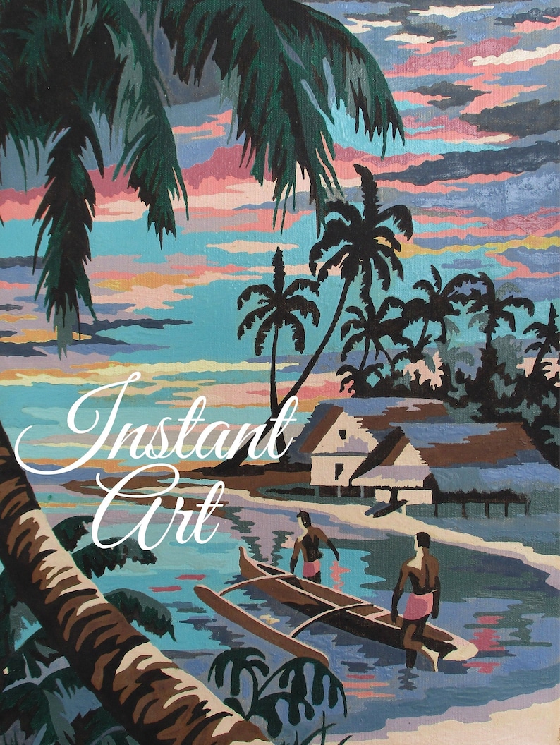 May include: A painting of a tropical scene with two people in a canoe. The scene includes palm trees, a hut, and a sunset sky. The text "Instant Art" is written in cursive on the left side of the image.