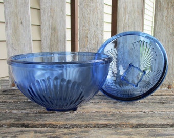 Vintage Cobalt Blue Glass Mixing Bowls Nesting Ribbed Shell Design Distressed