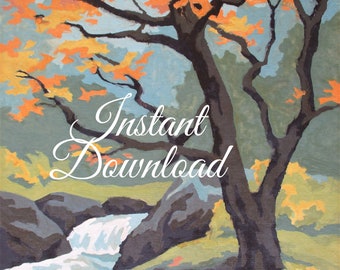 Instant Download Vintage Paint By Number Completed "Trees" 12V2 Print Your Own Finished Painting Woods Forest Stream River