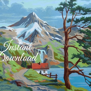 Instant Download Vintage Paint By Number Completed "Sentinel- Mountain Scenes" 4B Print Your Own Finished Painting Mountain Cabin