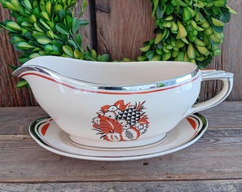 Salsera de platino Poinciana de porcelana americana con plato de revestimiento H-8-30 VTG 1930