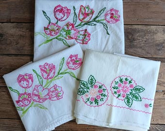 3 fundas de almohada vintage bordadas con flores, ropa de cama de estilo rústico de la abuela