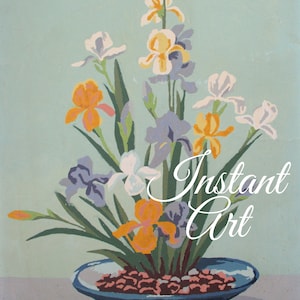 Printable Vintage Paint By Number &quot;Mixed Iris Motif&quot; 13Y3 Instant Art Download Finished Print Your Own Flowers Bouquet Still Life