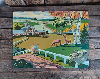 Vintage Paint by Number Painting "Home Pasture" Craftint Mid Century Large 24x18 PBN Farm Palm Tree Horse Barn