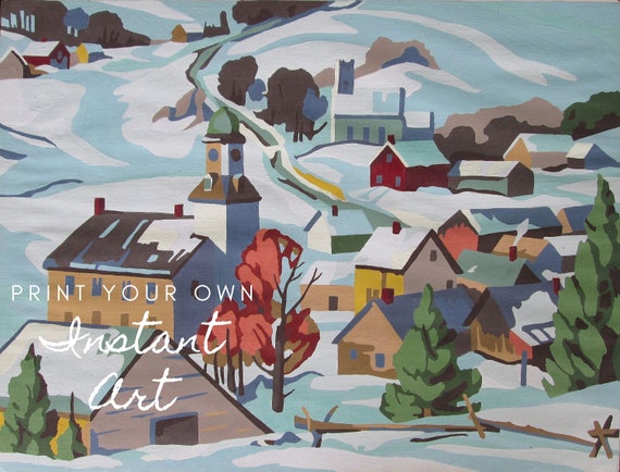 printable vintage paint by number snow covered village 31h etsy
