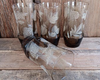 Four VTG  Libbey Raised Leaves Drinking Glasses Smoky Brown Tumblers Glassware