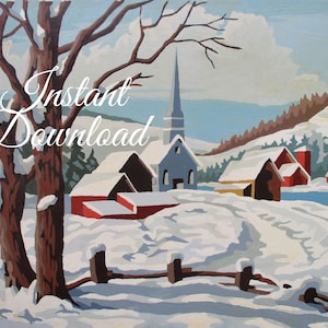 Afdrukbare vintage verf op nummer besneeuwd landschap 16J2 Instant Download voltooide PBN kerk sneeuw kerstkaart
