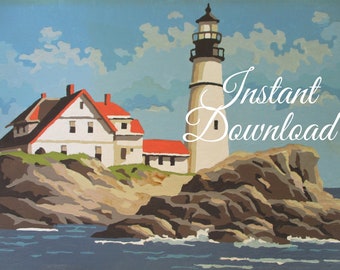 Instant Download Vintage Paint By Number Completed "Rocky Point Beacon" 43SS Lighthouse Print Your Own Finished Painting