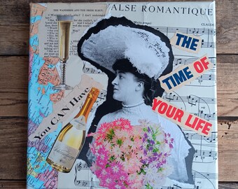 Original Analog Collage Art on Canvas Portrait Woman Vintage Book Pages Handmade