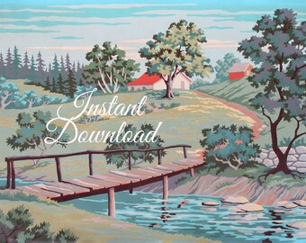 Instant Download Vintage Paint By Number Completed "Footbridge" 11C3 Print Your Own Finished Painting Landscape Bridge Water