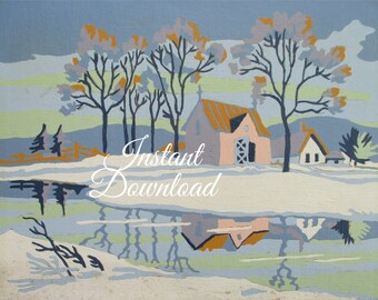 Printable Vintage Paint By Number Spring Thaw 10MM Instant Download Completed PBN Winter Country House Frozen Pond