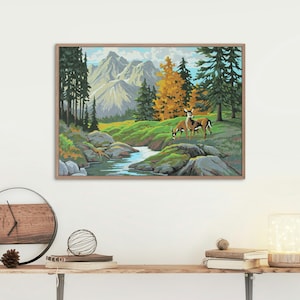 Instant Download Vintage Paint By Number Completed "Alaskan Stream, Deer Country" 43JJJ Print Your Own Finished Painting Mountain Forest