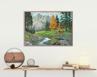 Instant Download Vintage Paint By Number Completed &quot;Alaskan Stream, Deer Country&quot; 43JJJ Print Your Own Finished Painting Mountain Forest