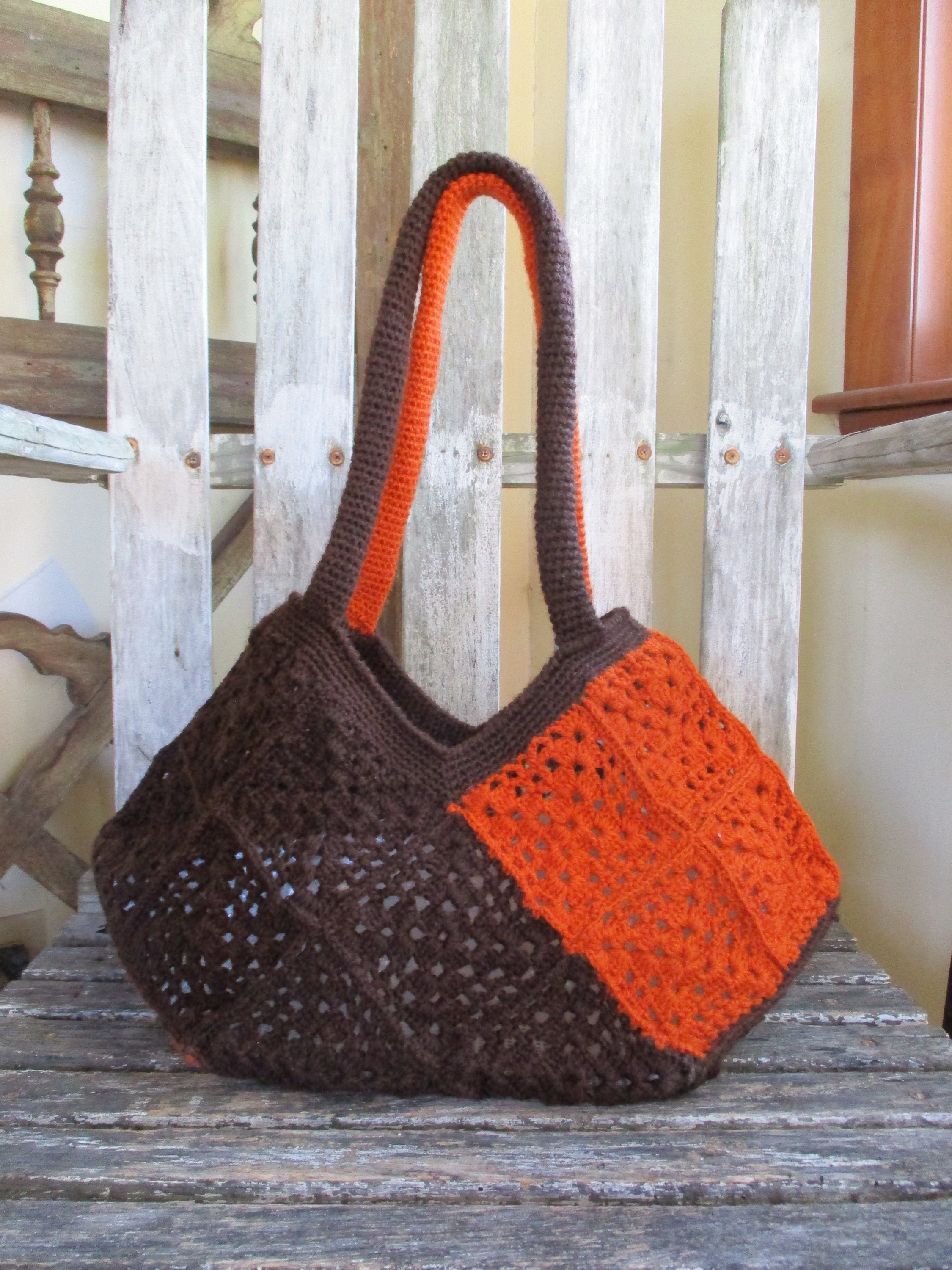 Vintage Crocheted Tote Bag Handmade Purse Brown Orange Knit | Etsy
