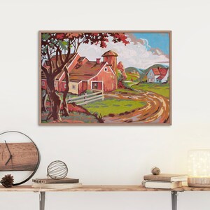 Giclee Art PRINT Vintage Paint By Number FINISHED &quot;Autumn Landscape&quot; 32AA2  Textured Archival Canvas Paper Unframed