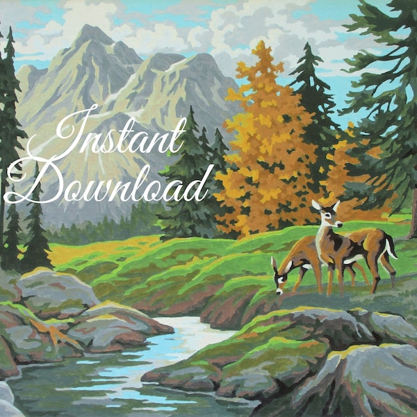 Instant Download Vintage Paint By Number Completed "Alaskan Stream, Deer Country" 43JJJ Print Your Own Finished Painting Mountain Forest