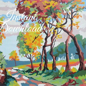 Instant Download Vintage Paint By Number Completed &quot;Autumn&#39;s Triumph&quot; 39F Print Your Own Finished Painting Woods Country Road Fall