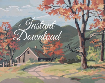 Instant Download Vintage Paint By Number Completed "Autumn In The Hills" 49A2 Print Your Own Finished Painting Fall Landscape Cabin