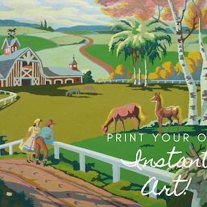 Printable Vintage Paint By Number Home Pasture Instant Download Completed Digital Files Wall Art Farm Palm Tree Couple Man Woman Barn