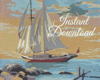 Instant Download Vintage Paint By Number Completed "Full Sails Fair Winds" 9R Print Your Own Finished Painting Sailboat