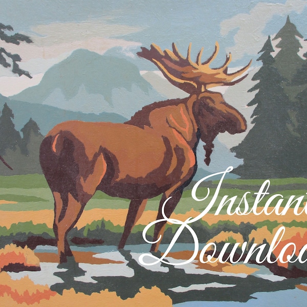 Instant Download Vintage Paint By Number "Moose and Deer" 36C  Finished Printable Print Your Own Moose Forest River Mountains