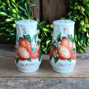 Salero y pimentero kitsch de cerámica con naranjas de California japonesas de los años 50