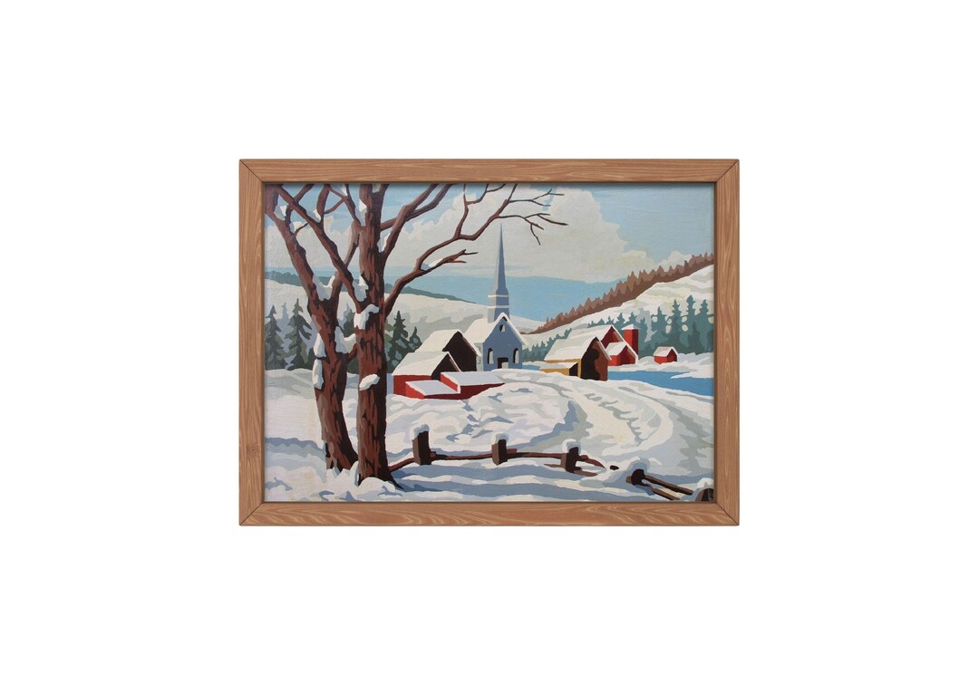Giclee Art PRINT Vintage Paint by Number FINISHED snowy Countryside