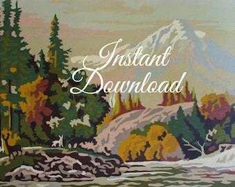 Instant Download Vintage Paint By Number Completed "Autumn Landscape" 50U Print Your Own Finished Painting Mountains Forest Deer River