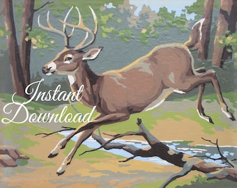 Instant Download Vintage Paint By Number Completed "Fleet-Footed Deer" 16LLL Print Your Own Finished Painting Woods Forest